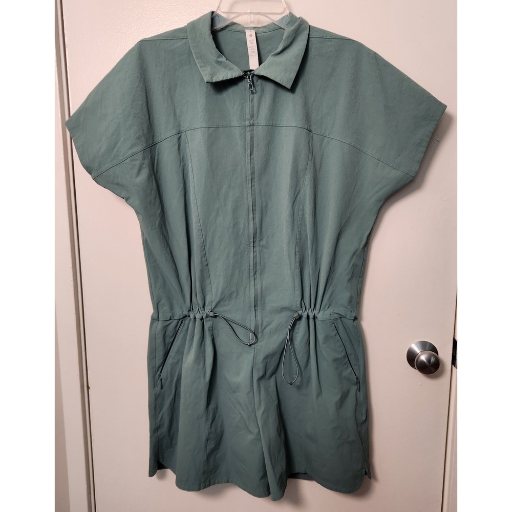 Lululemon Stretch Rib Pocketed Romper Tidewater Teal Sz 8 Adjustable Cinch Waist